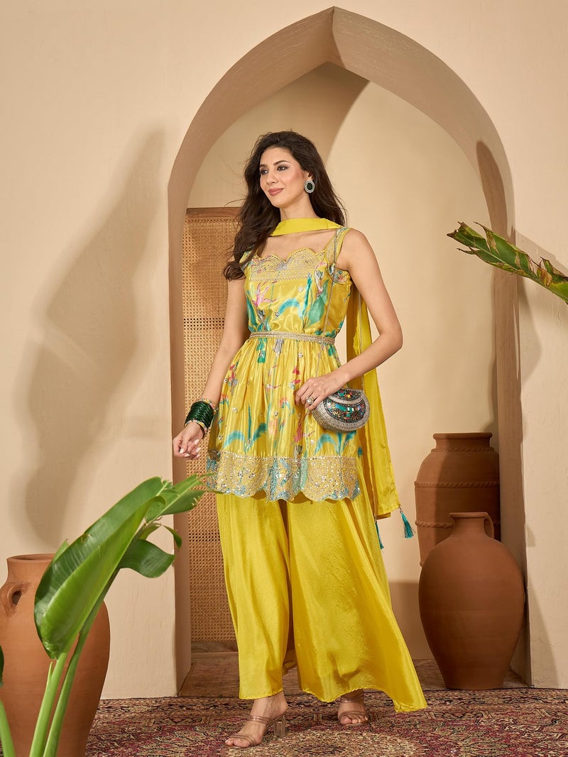 Stylum Women's Yellow Floral Printed & Embroidered Chinon A-Line Short Kurti Palazzo Dupatta Set - Image 3