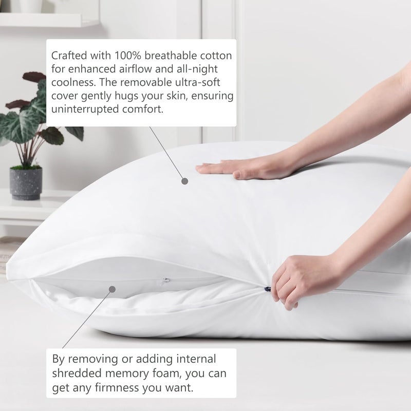 ACCURATEX Hybrid Crushed Memory Foam Pillow 60 x 60 cm, Set of 2, Cushions with Removable Cotton Cover and Microfibre Filling (Height Adjustable), Neck Pillow for Side and Back Sleepers, Washable | Hybrid memory foam & microfibre padding, comfortable cushion with adjustable height, removable cotton cover, breathable - Image 4