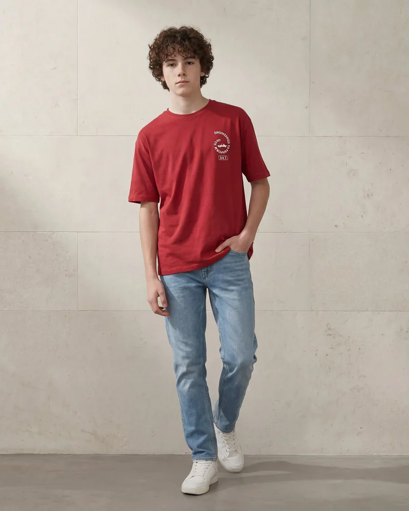 Redtag Senior Boys Red Printed T-shirt