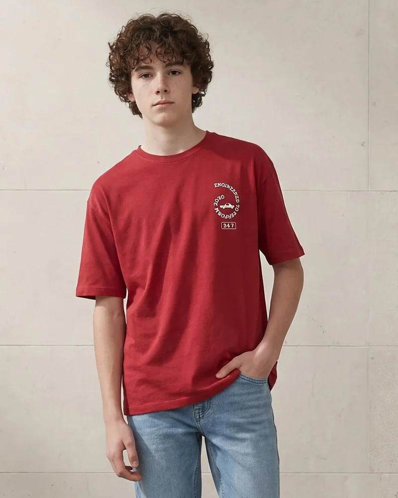 Redtag Senior Boys Red Printed T-shirt