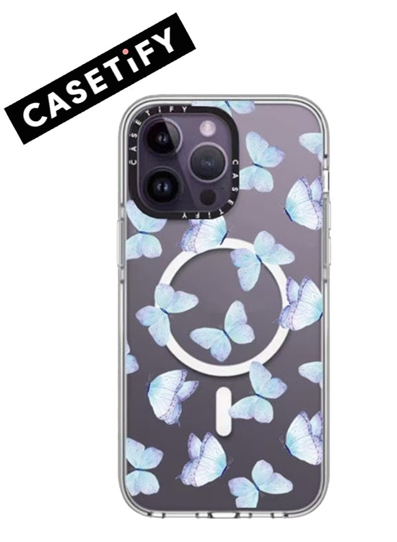 Casetify For iPhone 14 Pro Max Case Lilac Aqua Blue Watercolor Hand Painted Butterfly Case Magnetic Magsafe MagFit Anti-Yellowing Technology Cover - Image 1