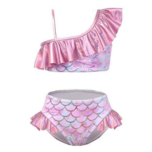 CHILDRENSTAR Toddler Girls 2 Piece Bathing Suit Shiny Metallic Ruffles Pink Mermaid Swimsuits Kids Bikini Set,3t 4t - Image 1
