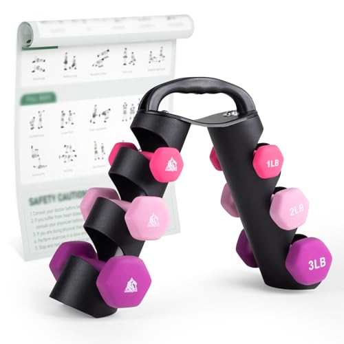 LIONSCOOL 1LB 2LB 3LB Pair Neoprene Coated Dumbbell Set with Sturdy and Portable Rack, All Purpose Premium Hex Dumbbell Set (Rosy Vigor) - Image 1