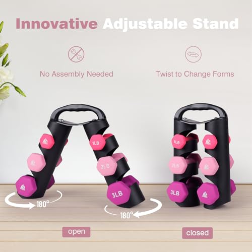 LIONSCOOL 1LB 2LB 3LB Pair Neoprene Coated Dumbbell Set with Sturdy and Portable Rack, All Purpose Premium Hex Dumbbell Set (Rosy Vigor) - Image 3