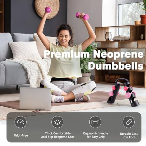 LIONSCOOL 1LB 2LB 3LB Pair Neoprene Coated Dumbbell Set with Sturdy and Portable Rack, All Purpose Premium Hex Dumbbell Set (Rosy Vigor) - Image 4