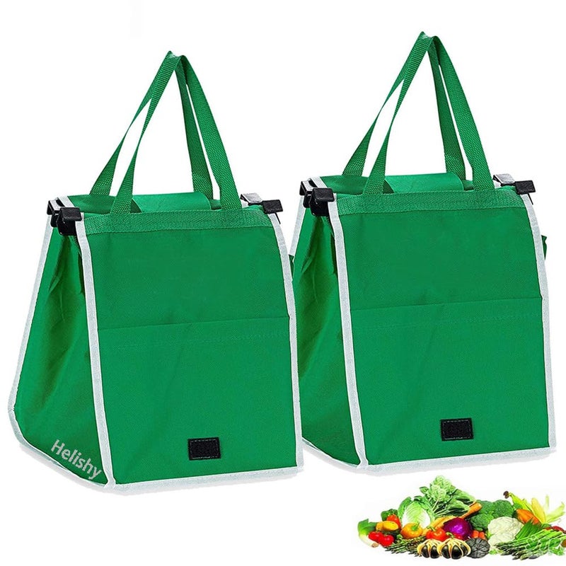 Helishy Helishy 2Pack Reusable Grocery Bags Shopping Trolley Bags Green Nonwoven Tote Bags with Handles Collapsible Grab and Go Bag Clip on Shopping Cart