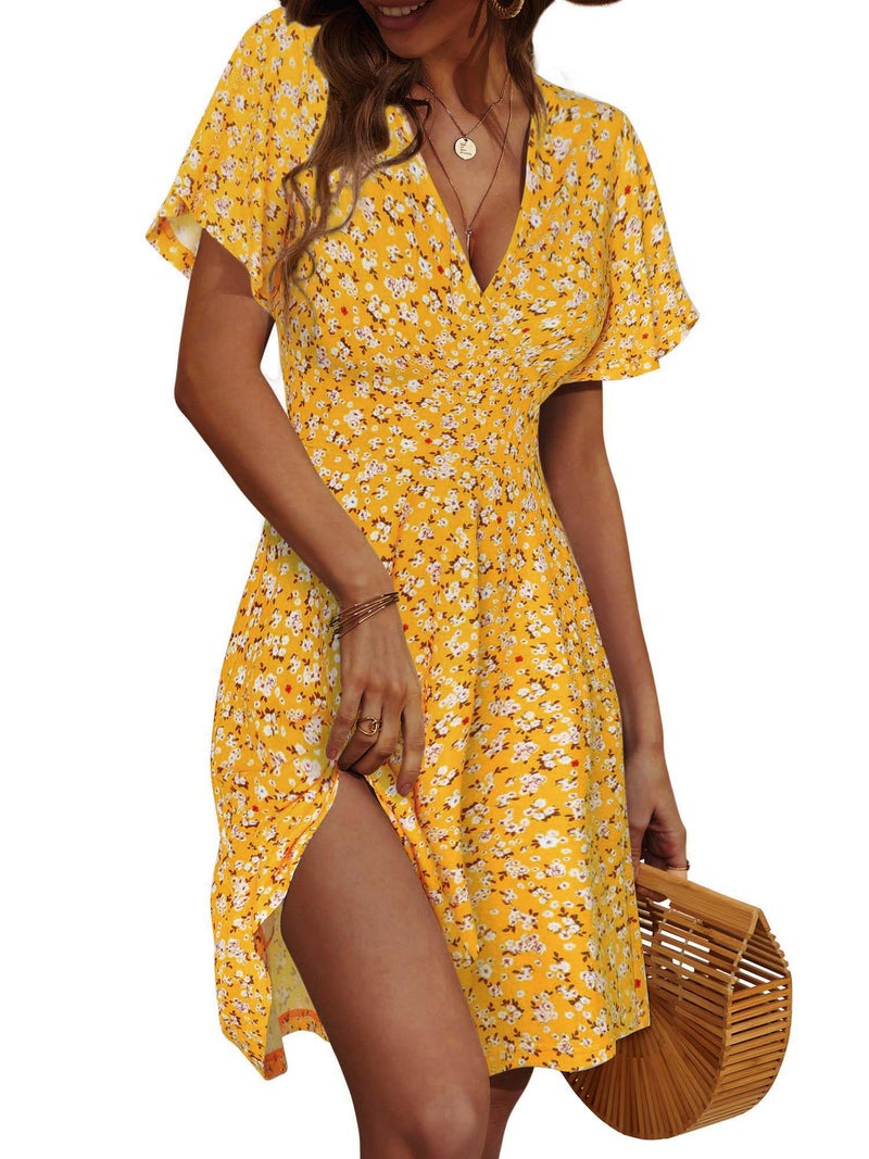 FENSACE Easter Dresses Casual Summer Dresses for Women Short Sleeve Wrap Empire Waist Sundress Dress(Yellow,Large) - Image 1