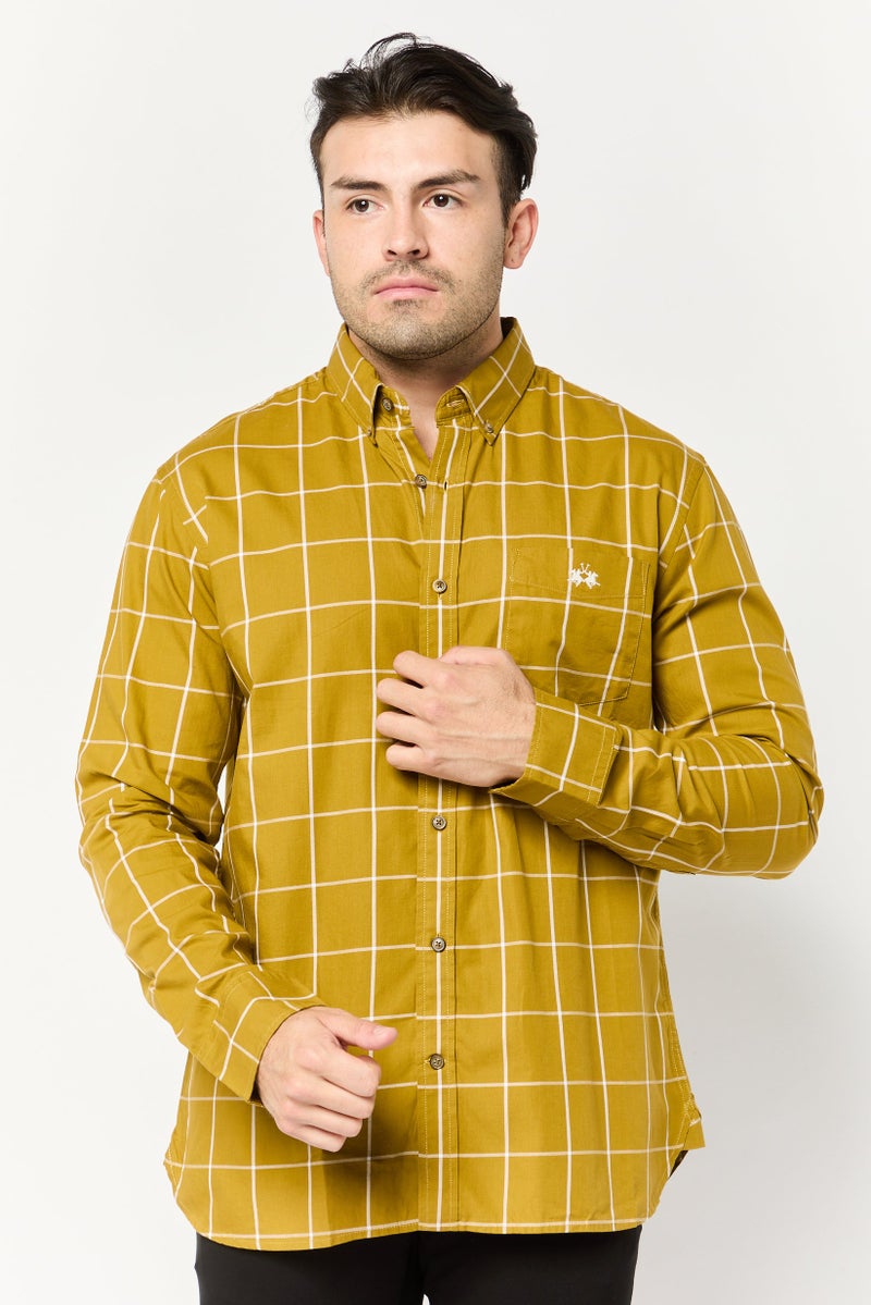 La Martina Men Regular Fit Window Pane Long Sleeves Casual Shirt, Khaki  - Image 1