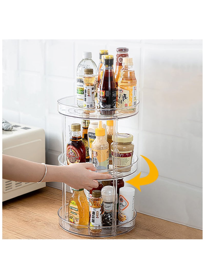 هاهاهاي منظم أكريليك شفاف دوار مقاس 9.25 بوصة، منظم بلاستيكي شفاف، منظم عطور ومستحضرات تجميل، رف ثلاثي الطبقات، حامل لوشن للعناية بالبشرة، حامل توابل، رف شفاف متين لتخزين أسطح المطبخ والحمام - Image 2