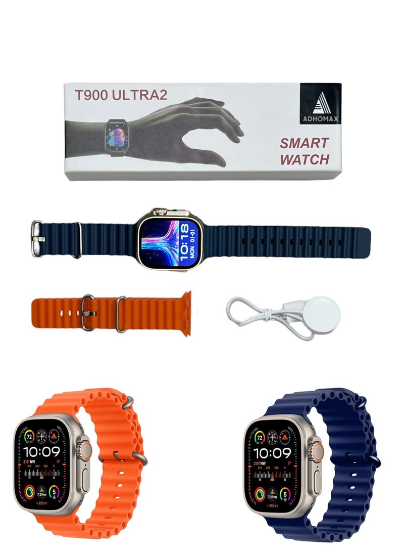adhomax New T900 Ultra 2 smart watch Elegant Design 2.2" NFC, infinite display, Fitness Tracker, Heart Rate, Bluetooth, Wireless Charging, works with IOS and android, for men and women - Image 1