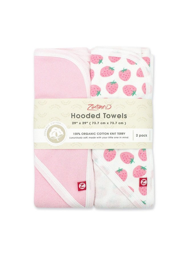 Zutano Hooded Baby Towels, Organic Cotton Baby Bath Towel, Ultra Soft and Absorbent Baby Towel for Newborn and Infant | Girl, Boy, and Unisex Towel Set, Strawberries, 2-Pack - Image 2