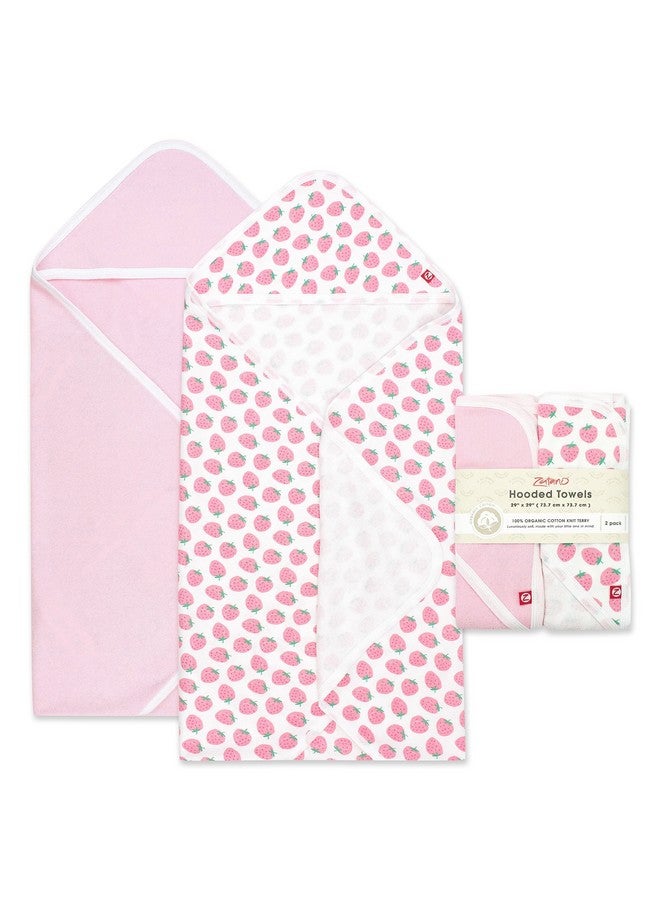 Zutano Hooded Baby Towels, Organic Cotton Baby Bath Towel, Ultra Soft and Absorbent Baby Towel for Newborn and Infant | Girl, Boy, and Unisex Towel Set, Strawberries, 2-Pack - Image 1