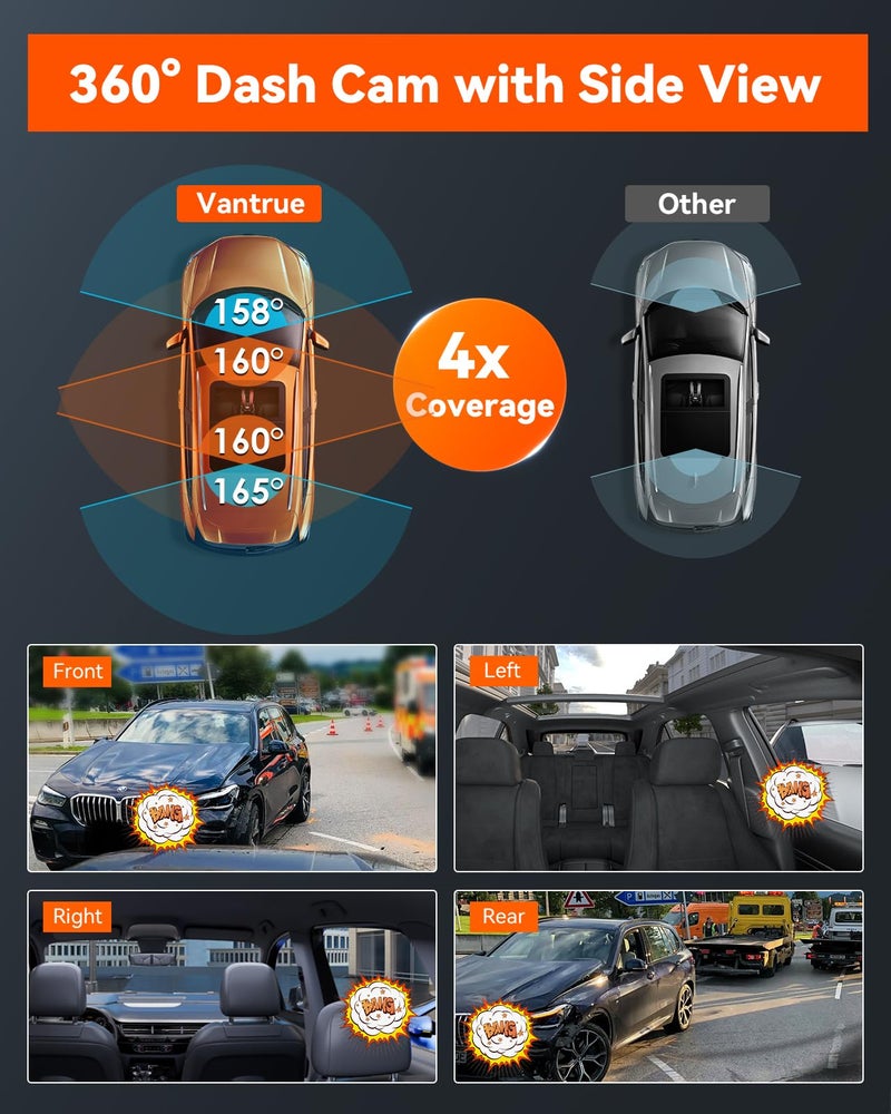 Vantrue N5 4 Channel WiFi 360° All Sides Dash Cam, STARVIS 2, IR Night Vision, 2.7K+1080P*3 Front Rear Inside Dashcam, Voice Control, GPS, 24 Hours Buffered Parking Mode Dash Camera, Support 512GB Max - Image 4