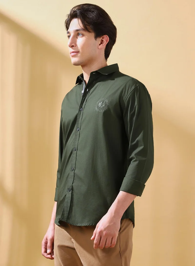 Dennis Lingo Men's Olive Cotton Solid Button Down Regular Fit Shirt