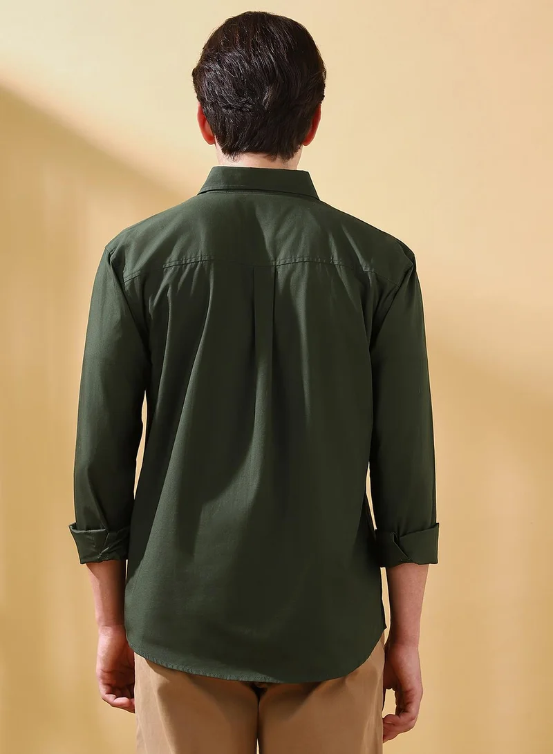 Dennis Lingo Men's Olive Cotton Solid Button Down Regular Fit Shirt