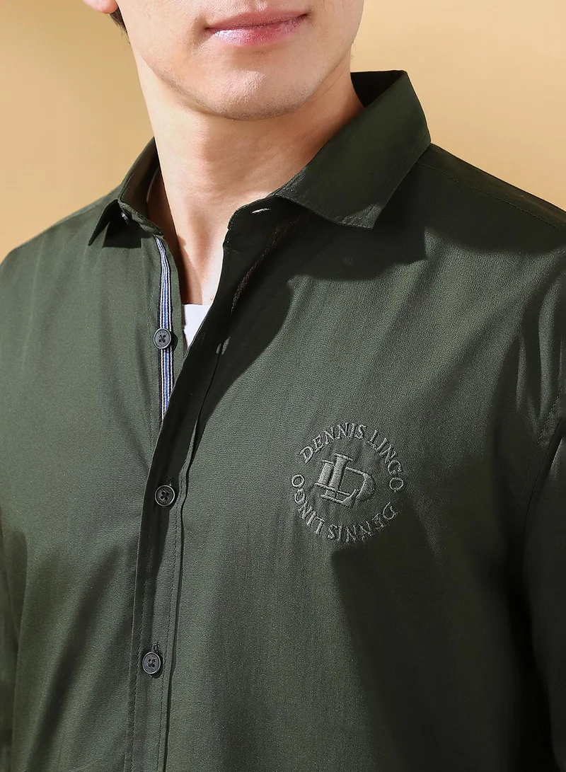 Dennis Lingo Men's Olive Cotton Solid Button Down Regular Fit Shirt