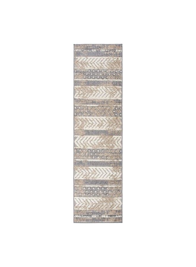 Rugshop سجادة داخلية وخارجية ذات أشكال هندسية متهالكة مقاس 2 × 7 قدم، بيج - Image 2