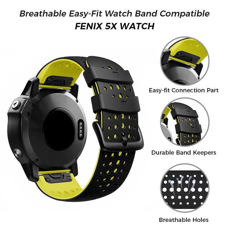 ANCOOL for Fenix 5X Watch Band/Fenix 6X Pro Watch Band/Fenix 7X Watch Band 26MM Silicone Watch Band Replacement for Fenix 6X/Fenix 5X Plus/Fenix 7X Pro(Black/Yellow) - Image 4