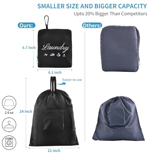 JHX 2 Pcs Travel Laundry Bag, JHX Dirty Clothes Bag 【Upgraded】 with Handles and Aluminum Carabiner, Collapsible Laundry Bag for Travel, Camp, Fitness, and Students（Black） 24"L x 21"W - Image 2