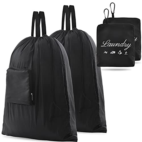 JHX 2 Pcs Travel Laundry Bag, JHX Dirty Clothes Bag 【Upgraded】 with Handles and Aluminum Carabiner, Collapsible Laundry Bag for Travel, Camp, Fitness, and Students（Black） 24"L x 21"W - Image 1