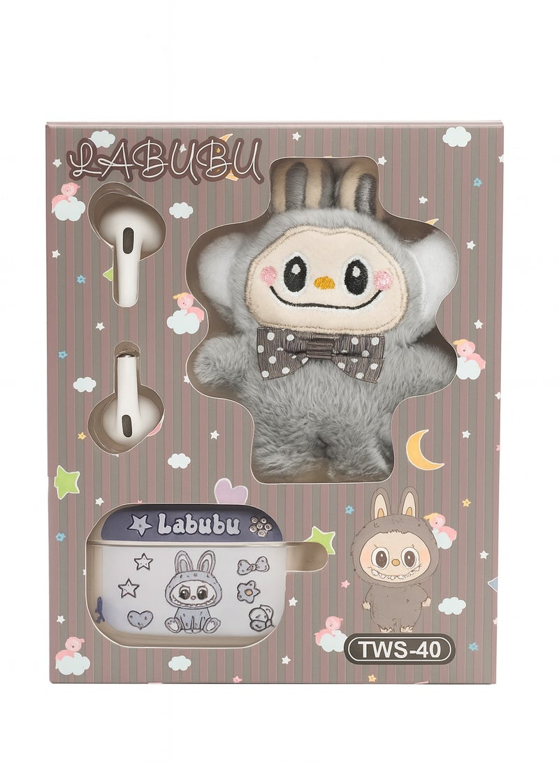 لابوبو مجموعة سماعات أذن لاسلكية LABUBU TWS-40 مع دمية محشوة وغطاء شحن مزخرف – إصدار هدية لطيف ومميز - Image 1