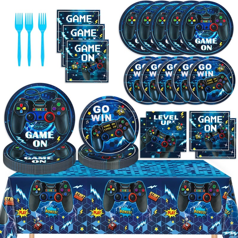 LINHAXM Video Game Birthday Decorations, Level Up Party Supplies Includes Plates, Napkins, Forks, Banner, Tablecloth for Boys Gamer Birthday Party Decorations, Serves 24 - Image 1