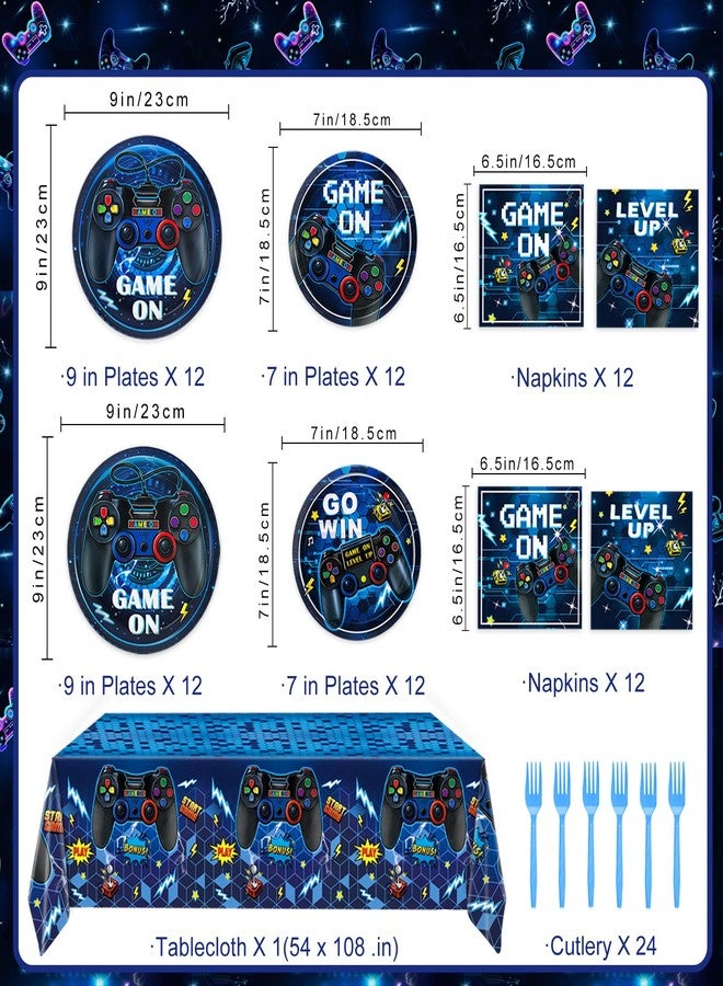 LINHAXM Video Game Birthday Decorations, Level Up Party Supplies Includes Plates, Napkins, Forks, Banner, Tablecloth for Boys Gamer Birthday Party Decorations, Serves 24 - Image 2