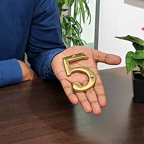 A10SHOP Motif 4-Inch Brass Letters Mailbox Decor Address Signs For Houses Outdoor Wall Decor Mailbox Numbers House Address Numbers For Outside Address Sign for Door Numbers (Polished, Number 5) - Image 2