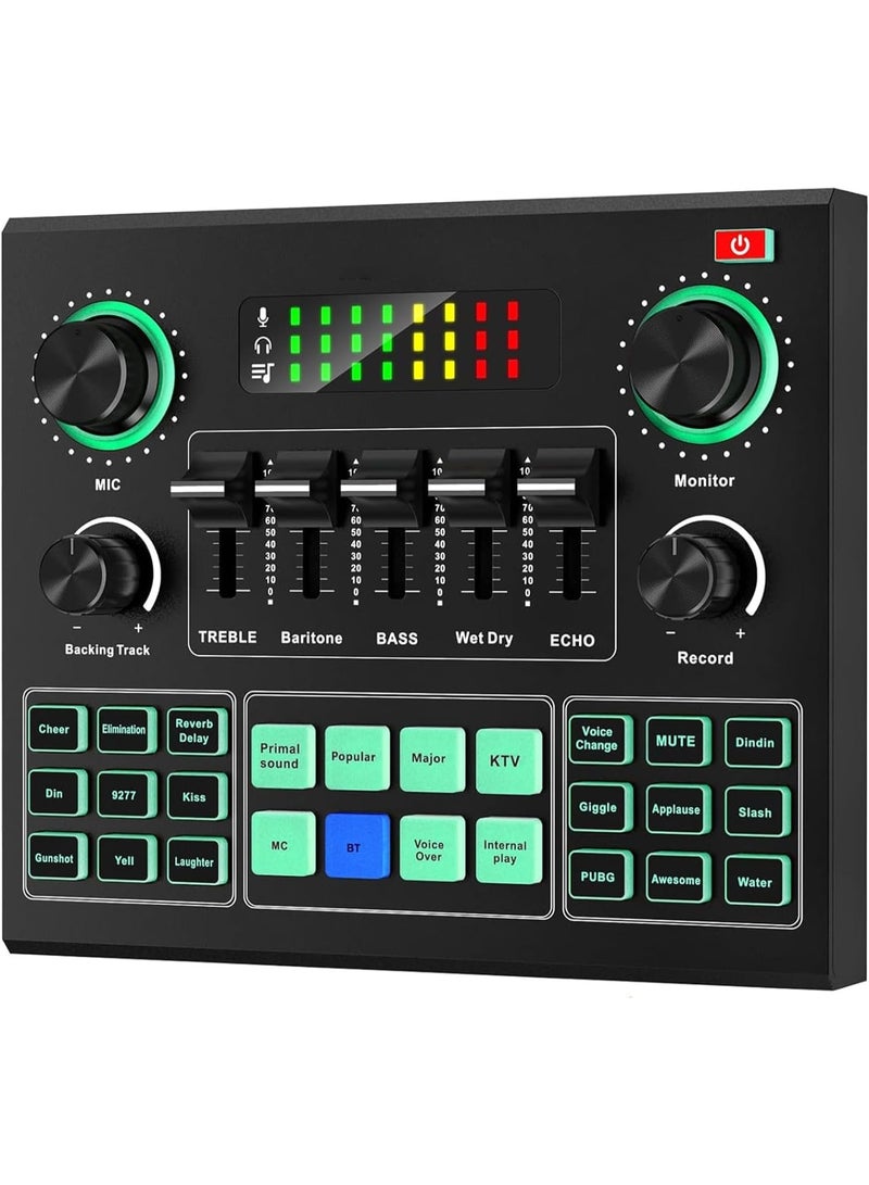 The V9 sound card features an external audio mixer, a brushed metal body, easy operation, Bluetooth support, a built-in 1200mAh battery, plug-and-play functionality, high-quality sound, 16 special sound effects, and a metal casing. - Image 1