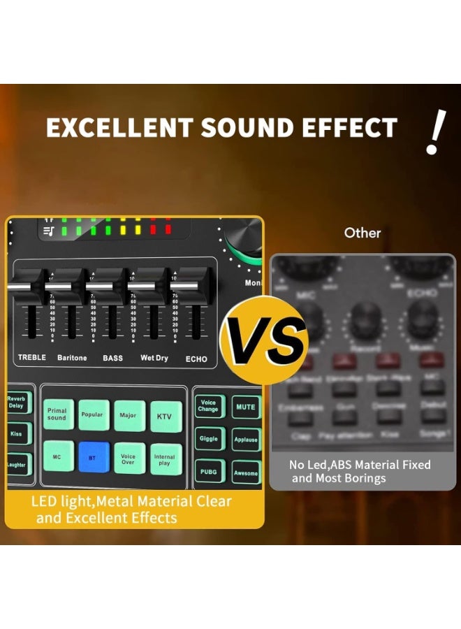 The V9 sound card features an external audio mixer, a brushed metal body, easy operation, Bluetooth support, a built-in 1200mAh battery, plug-and-play functionality, high-quality sound, 16 special sound effects, and a metal casing. - Image 2