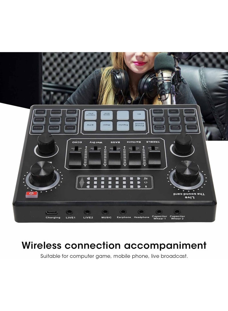 The V9 sound card features an external audio mixer, a brushed metal body, easy operation, Bluetooth support, a built-in 1200mAh battery, plug-and-play functionality, high-quality sound, 16 special sound effects, and a metal casing. - Image 3