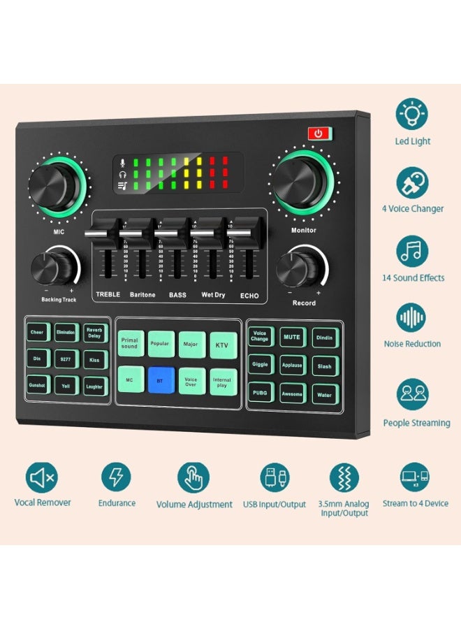The V9 sound card features an external audio mixer, a brushed metal body, easy operation, Bluetooth support, a built-in 1200mAh battery, plug-and-play functionality, high-quality sound, 16 special sound effects, and a metal casing. - Image 4