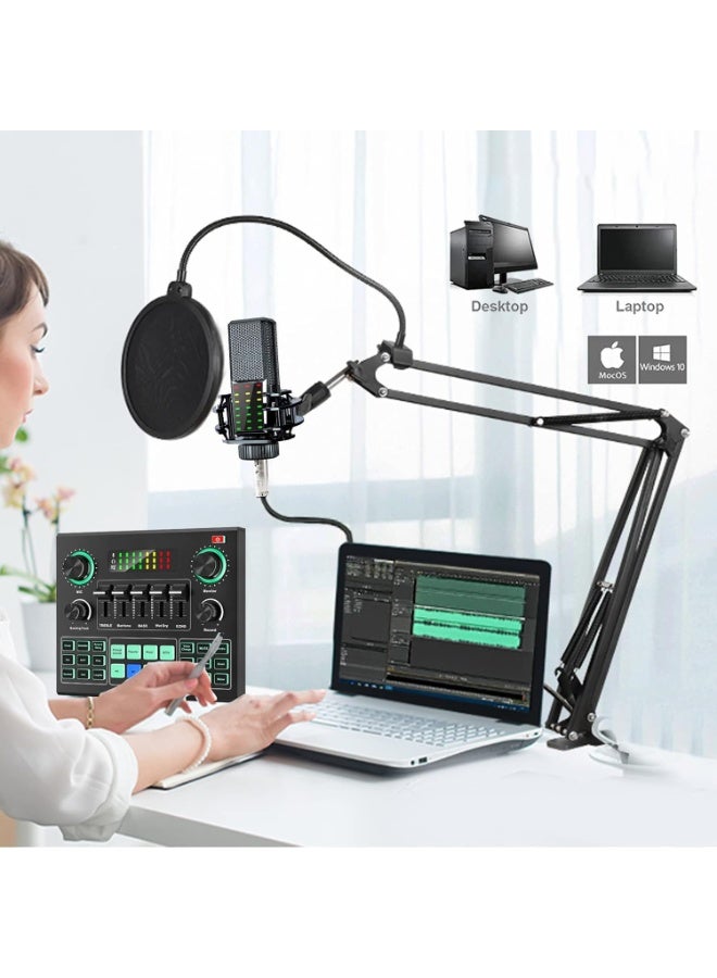 The V9 sound card features an external audio mixer, a brushed metal body, easy operation, Bluetooth support, a built-in 1200mAh battery, plug-and-play functionality, high-quality sound, 16 special sound effects, and a metal casing. - Image 5
