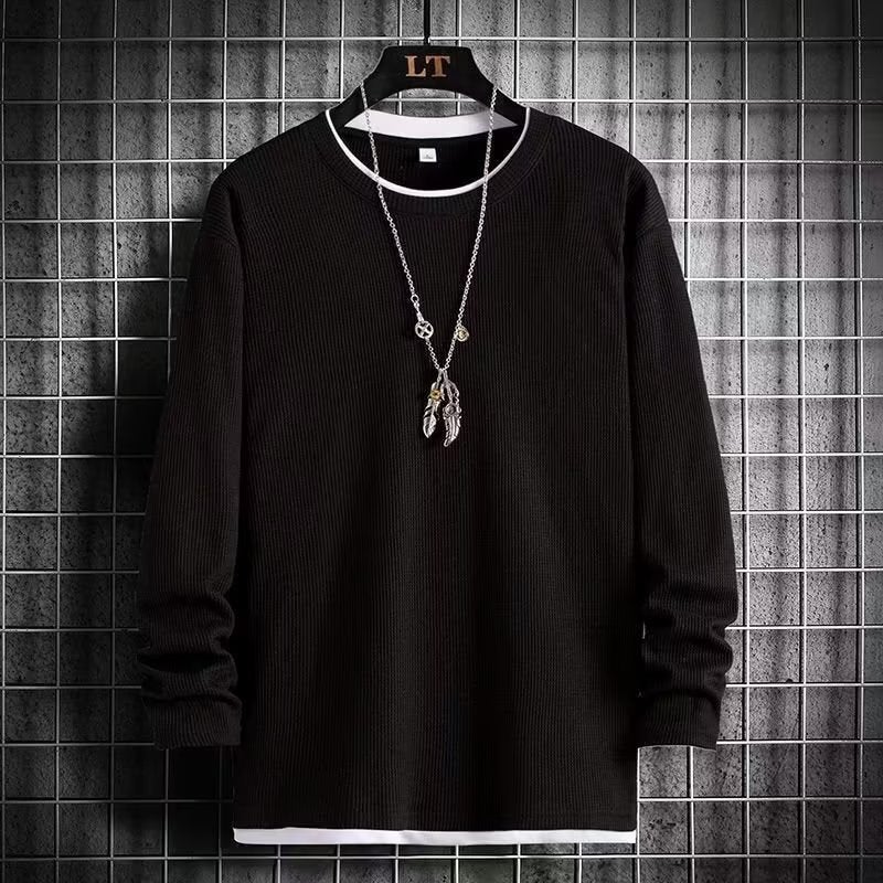 Long Sleeve Waffle Knit Tee Layered Casual Mens Sweatshirt Gray - Image 2