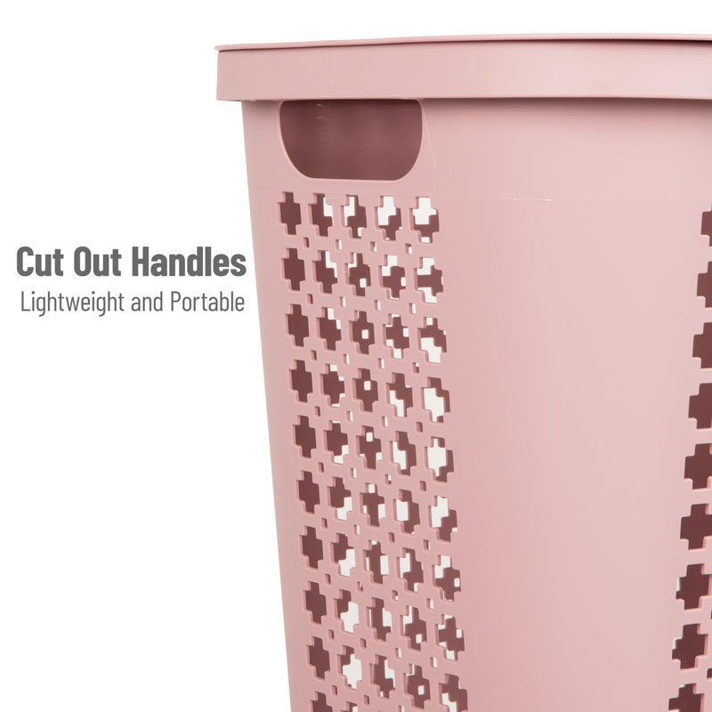 Mind Reader Slim Tapered Laundry Hamper with Lid, Clothes Basket with Swiss Cross Cut-Outs, Lightweight & Ventilated, Plastic, 16.75"L x 12.75"W x 23"H, Pink - Image 4