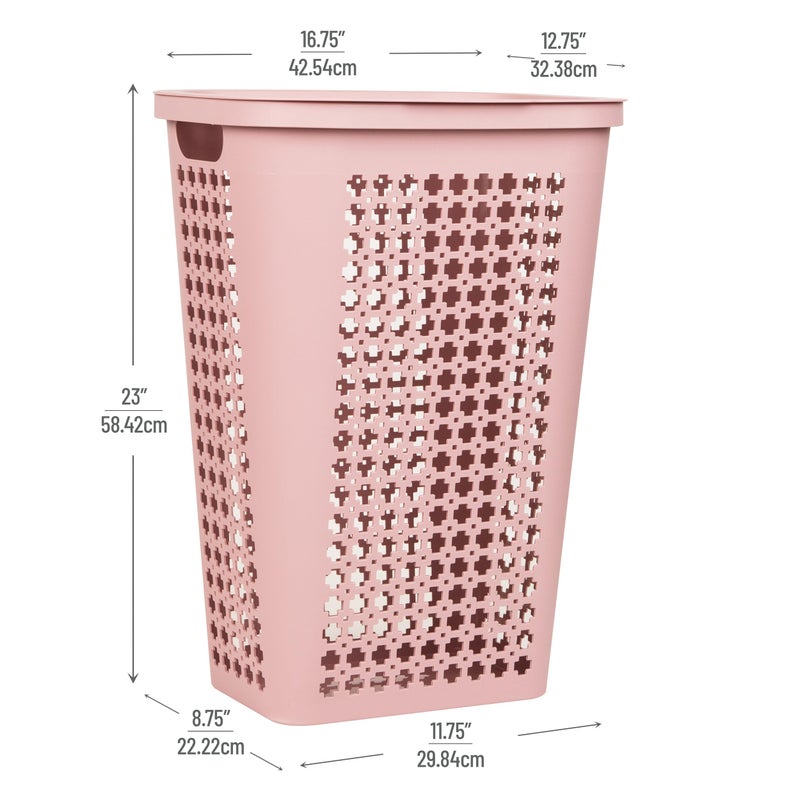 Mind Reader Slim Tapered Laundry Hamper with Lid, Clothes Basket with Swiss Cross Cut-Outs, Lightweight & Ventilated, Plastic, 16.75"L x 12.75"W x 23"H, Pink - Image 3