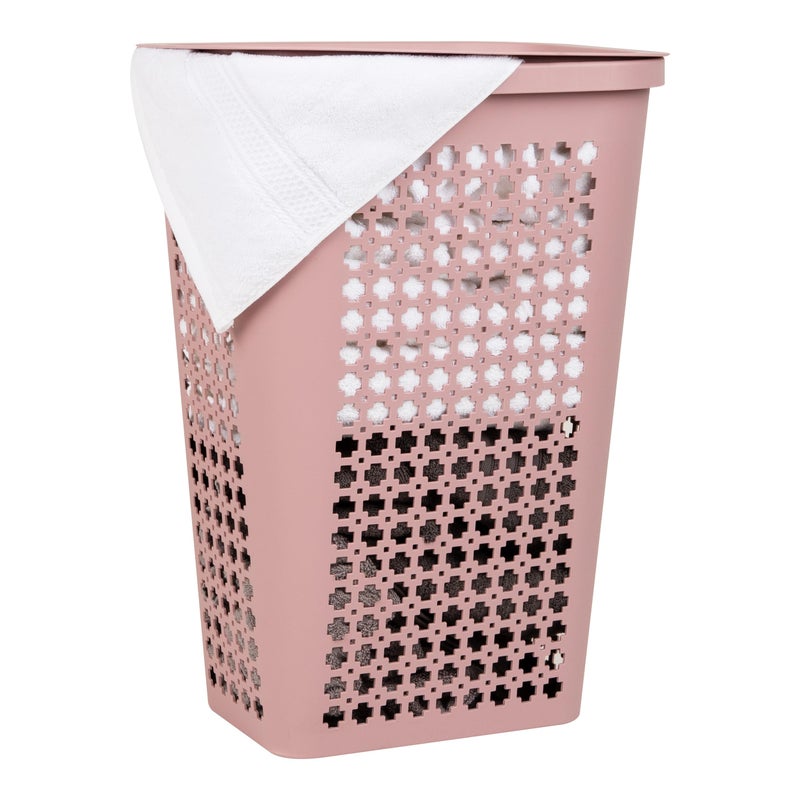 Mind Reader Slim Tapered Laundry Hamper with Lid, Clothes Basket with Swiss Cross Cut-Outs, Lightweight & Ventilated, Plastic, 16.75"L x 12.75"W x 23"H, Pink - Image 1