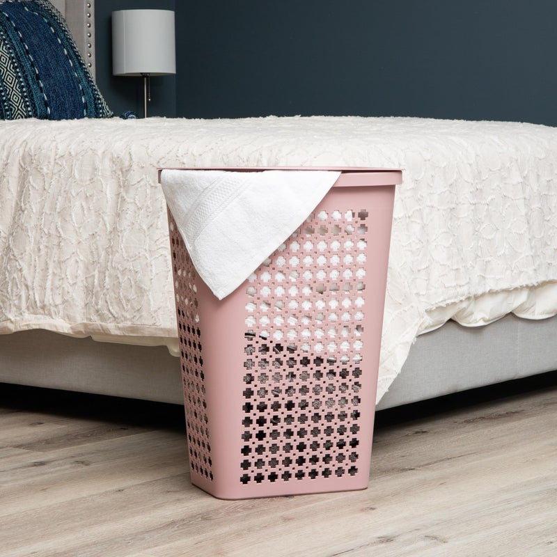 Mind Reader Slim Tapered Laundry Hamper with Lid, Clothes Basket with Swiss Cross Cut-Outs, Lightweight & Ventilated, Plastic, 16.75"L x 12.75"W x 23"H, Pink - Image 2
