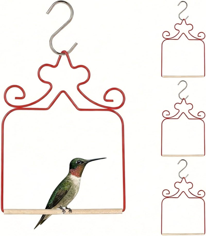 Eyrosa 4-Pack Hummingbird Swings - Rust-Proof Metal Red Perches with Natural Wooden Dowel - Essential Bird Watching Decor for Outdoor Garden, Patio & Yard - Includes 4 S-Hooks - Image 1