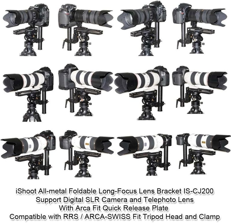iShoot Foldable Telephoto Lens Bracket, All-Metal Long-Focus Lens Support, Lens Holder with 20cm Quick Release Plate for Arca-Swiss Fit Tripod Ball Head, Compatible with Canon Nikon Sony Cameras - Image 3