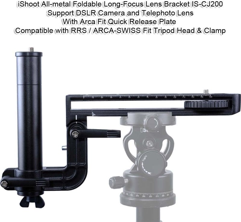 iShoot Foldable Telephoto Lens Bracket, All-Metal Long-Focus Lens Support, Lens Holder with 20cm Quick Release Plate for Arca-Swiss Fit Tripod Ball Head, Compatible with Canon Nikon Sony Cameras - Image 2