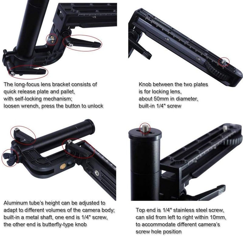 iShoot Foldable Telephoto Lens Bracket, All-Metal Long-Focus Lens Support, Lens Holder with 20cm Quick Release Plate for Arca-Swiss Fit Tripod Ball Head, Compatible with Canon Nikon Sony Cameras - Image 5