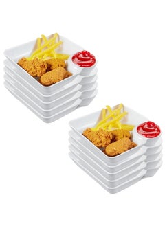 HENIJ HENIJ Plastic Plates with Dipping Saucer 7inch Japanese Sushi Plate Serving Tray Reusable Dumpling Plate with Sauce Holder for Fruit Dessert Salad Snacks Pack of 8 White  - Image 1