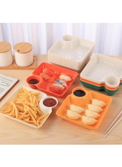 HENIJ HENIJ Plastic Plates with Dipping Saucer 7inch Japanese Sushi Plate Serving Tray Reusable Dumpling Plate with Sauce Holder for Fruit Dessert Salad Snacks Pack of 8 White  - Image 2