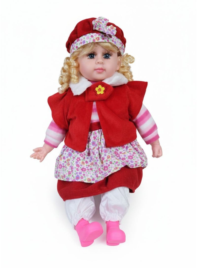 دمية أطفال كبيرة قماش بفستان شتوي أحمر | عروسة بناتي ناعمة بشعر مجعد – لعبة هدية مميزة - Image 2