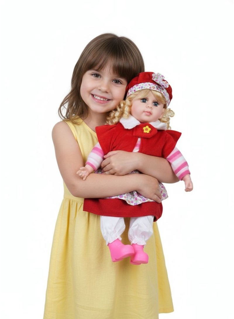 دمية أطفال كبيرة قماش بفستان شتوي أحمر | عروسة بناتي ناعمة بشعر مجعد – لعبة هدية مميزة - Image 1