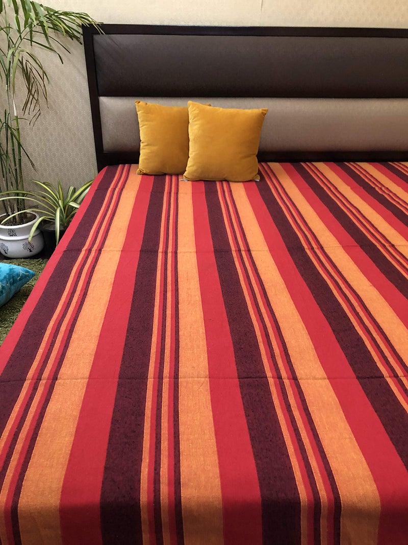 RANGBHAR Handloom Cotton Double Bedsheet Without Pillow Covers, Woven Striped Bedcover, 90 x 100 inch, Red,210 TC - Image 4