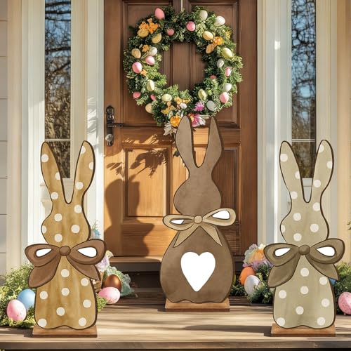 Vercraft 3 Pcs Outdoor Easter Decorations for Porch Large Wooden Easter Bunny Porch Sign Rustic Polka Dot Bunny with Bow Spring Party Decor for Front Door Yard Garden 236 Inch - Image 3