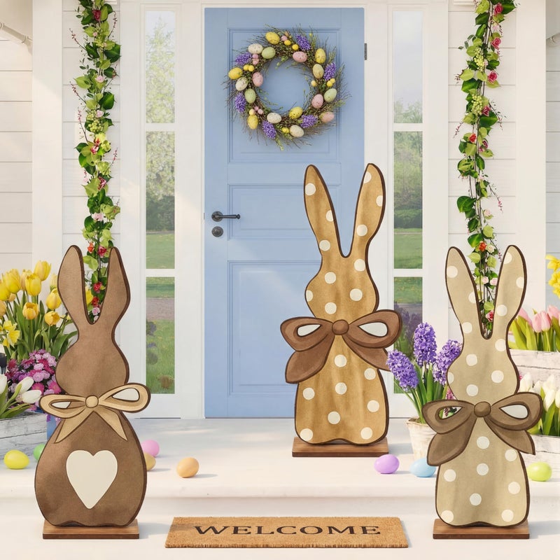 Vercraft 3 Pcs Outdoor Easter Decorations for Porch Large Wooden Easter Bunny Porch Sign Rustic Polka Dot Bunny with Bow Spring Party Decor for Front Door Yard Garden 236 Inch - Image 2