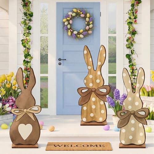 Vercraft 3 Pcs Outdoor Easter Decorations for Porch Large Wooden Easter Bunny Porch Sign Rustic Polka Dot Bunny with Bow Spring Party Decor for Front Door Yard Garden 236 Inch - Image 1
